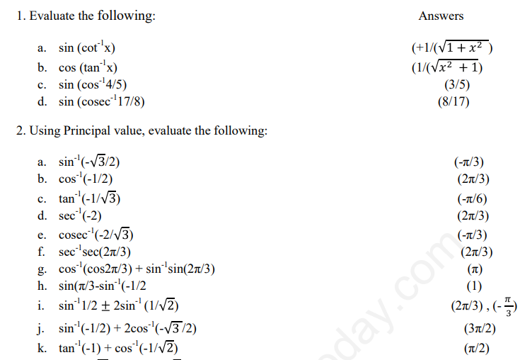 Cbse Class 12 Mathematics Inverse Trigonometric Functions Assignment Set B